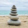 Smooth, rounded stones are meticulously stacked in a tower on a sandy beach. The Royalty Free Stock Photo