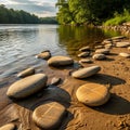 Smooth rounded stones scattered on a sandy shore with gentle Royalty Free Stock Photo