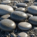 Smooth, rounded stones scattered on a surface of smaller pebbles. The stones are o Royalty Free Stock Photo