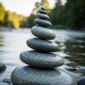 Smooth, rounded stones are stacked in a balanced tower by a serene river. The stones vary in size, Royalty Free Stock Photo