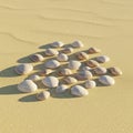 Smooth seashells arranged on fine, golden sand create a harmonious pattern. The shell Royalty Free Stock Photo