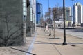 A smooth sidewalk lined with bare winter trees and tall black light posts and an empty street with office buildings