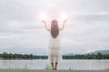 Smooth and Soft focus, A young girl prayed for God`s blessings with the power and holiness of God On the background blurring the