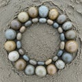 Smooth stones are arranged in a circular pattern on sandy ground. The stones vary in Royalty Free Stock Photo