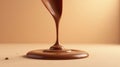 A smooth stream of melted chocolate cascading onto a light brown surface, creating a deliciously rich puddle with small droplets Royalty Free Stock Photo