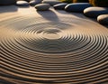 The smooth surface of a Japanese Zen garden with concentric circles around rocks, epitomizing calmness and focus Royalty Free Stock Photo