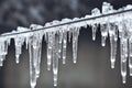 Smooth transparent icicles on house on wire on gray background.