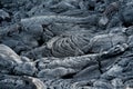 Smooth, undulating surface of frozen pahoehoe lava. Frozen lava wrinkled in tapestry-like folds and rolls resembling twisted rope