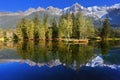 In smooth water reflected snow-capped mountains Royalty Free Stock Photo