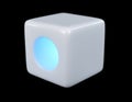 Smooth white cube with rounded edges featuring glowing blue circular window set against black background Royalty Free Stock Photo