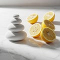Smooth white pebbles stacked in a tower are placed on a polished marble surface, creating a Royalty Free Stock Photo