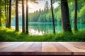 Smooth wooden tabletop in the forest with sparkling summer lake for product display