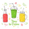 Smoothie background. Summer drink, doodle healthy juices. Fresh fruit diet. Isolated detox breakfast illustration Royalty Free Stock Photo