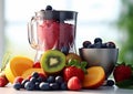 Smoothie blender mixer with various fruits and berries on light kitchen table.Macro.AI Generative