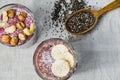 Smoothie bowl breakfast, shot from above.