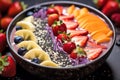 Smoothie bowl with fresh fruits, berries and sesame seeds, balanced diet nutrient-rich, close-up photography. Generative AI