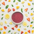 Smoothie bowl in layout of fruit Royalty Free Stock Photo
