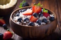 Smoothie bowl made of acai berry powder, yogurt, chia seeds topped with bueberries, strawberries and coconut slices. Energy