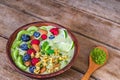 Smoothie bowl made of matcha green tea with fresh fruits, berries, nuts, seeds with a spoon for healthy breakfast Royalty Free Stock Photo