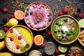 Smoothie bowls. Healthy breakfast bowl with chia seeds, muesli, berries, fruits and coconut flakes coconut flakes. Vegan