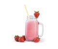 A smoothie cocktail in a mason jar. A pink strawberry drink. Fruit beverage and fresh berries isolated on a white Royalty Free Stock Photo