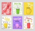 Smoothie flyers. Colorful detox juices, fresh fruit smoothies cards. Vegan lifestyle, sketch berry and banana. Vector Royalty Free Stock Photo