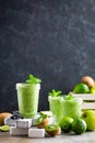 Smoothie with fresh green apple, kiwi and lime. Summer vitamin refreshing beverag