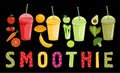 Smoothie and fruits. Cartoon smoothies on a black background. Orange, strawberry, berry, banana and avocado smoothie Royalty Free Stock Photo