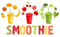 Smoothie fruits and vegetables. Cartoon smoothies in a flat style. Orange, strawberry, berry, banana and avocado Royalty Free Stock Photo