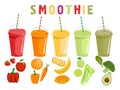 Smoothie fruits and vegetables. Cartoon smoothies in a flat style. Orange, strawberry, berry, banana and avocado