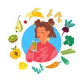 Smoothie. Girl drinks healthy beverage, woman hold fresh juice or cocktail, fresh fruits and vegetables frame. Detox day