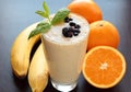 Smoothie made with banana, orange and blueberries fruits