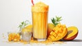 Smoothie with mango in the glass, fresh mango smoothie. mango juice. Horizontal banner. Illustration. Watercolor. Ai generated Royalty Free Stock Photo