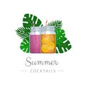 Smoothie mason glass jar with tropical palm leaves. Healthy fitn