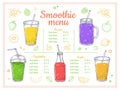 Smoothie menu. Cold drinks, summer shakes and cocktails. Sketch lemonade and healthy diet beverages. Fruits berries