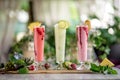 Smoothie pineaple lime and banana with berries on terrace summer spring table cafe restaurant