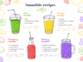 Smoothie recipes. Green healthy shakes, detox food. Fruit vegan drinks, fresh menu and raw ingredients. Cocktail menu