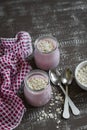 Smoothie with strawberries and oat flakes in a glass jar Royalty Free Stock Photo