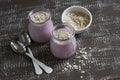 Smoothie with strawberries and oat flakes in a glass jar Royalty Free Stock Photo