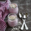 Smoothie with strawberries and oat flakes in a glass jar Royalty Free Stock Photo