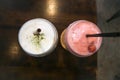 Smoothie or strawberry yogurt smoothie and green tea, macha green tea