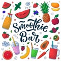 Smoothie summer bar menu design elements. Vector illustration. Hand drawn calligraphy lettering and fresh juice Royalty Free Stock Photo