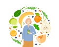 Smoothie. Vegan detox food and drink. Woman with smoothie glass in her hand and ingredients. Vegetables, fruits, greens