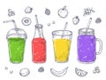 Smoothies. Fruit healthy juice, sketch drinks. Doodle green beverage, detox fresh cocktails and lemonade. Vector