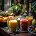 Smoothies Fruit Vegetable Or A Combination Of Both On Stone In Rustic Pub. Generative AI