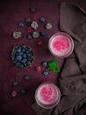 Smoothies in glass glasses, blueberry, homemade , breakfast, top view, no people,