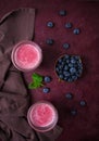 Smoothies in glass glasses, blueberry, homemade , breakfast, top view, no people,