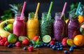 Smoothies juices beverages drinks variety with fresh fruits and berries on wooden table Royalty Free Stock Photo