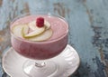 Smoothies of pear, banana and frozen raspberries with yogurt.