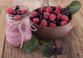 Smoothies of raspberry and shadberry with yogurt. Royalty Free Stock Photo